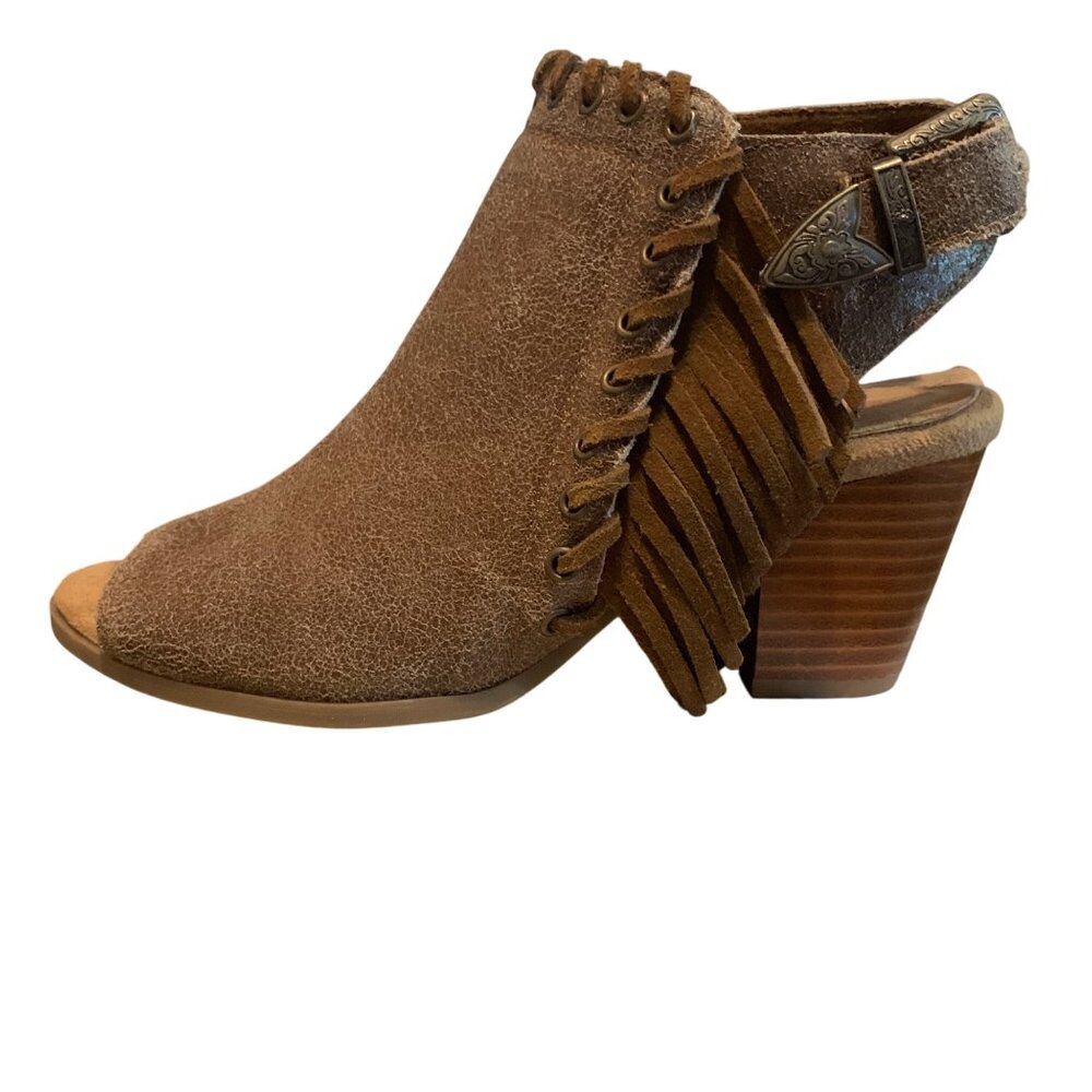 Minnetonka Women’s Sandal Fring Peep Toe Sling-Back Tan Suede 8 Festival Boho